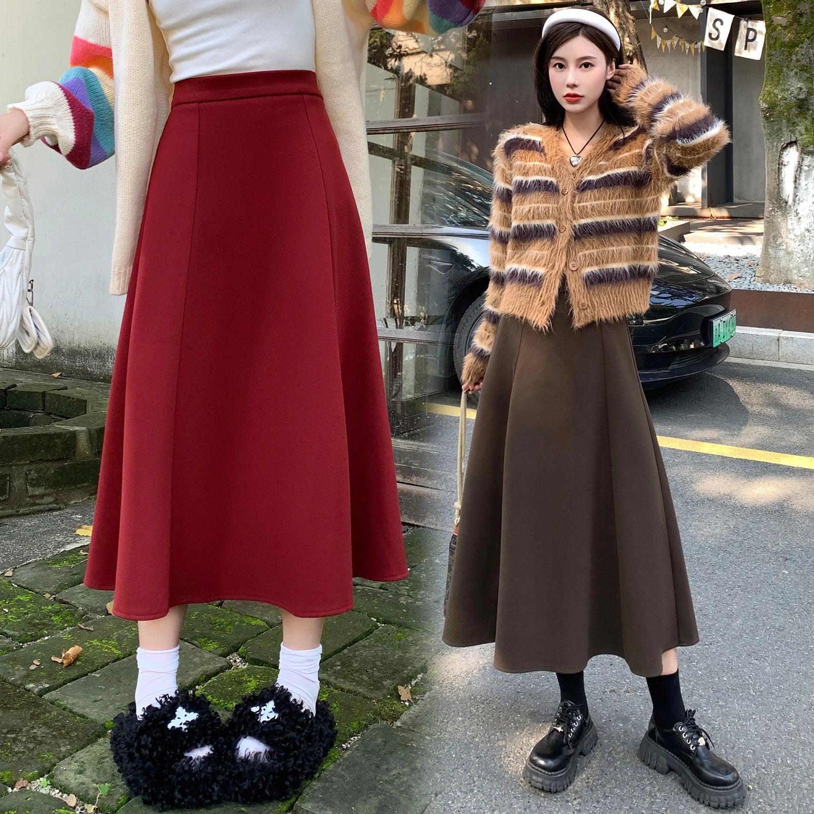Black Woolen Long Skirt Women Autumn Winter Brown Vintage Elegant Female A Line High Waist Red Umbrella Skirt Thick Fashion