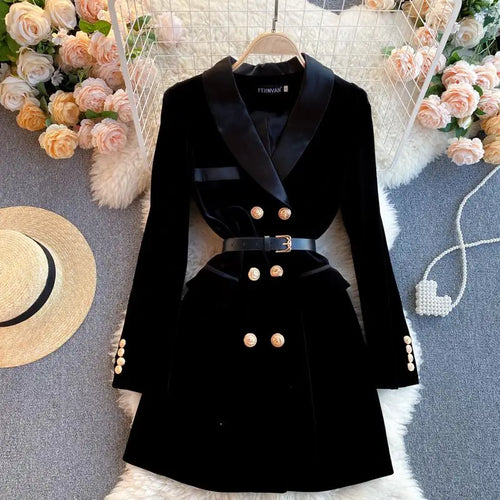 Load image into Gallery viewer, Women Black Velvet Work Style Blazer Short Dresses Autumn Winter Double Breasted Slim Long Sleeve Mini Dress Ladies Street Trend

