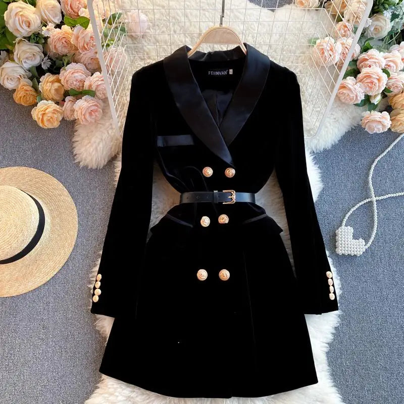 Women Black Velvet Work Style Blazer Short Dresses Autumn Winter Double Breasted Slim Long Sleeve Mini Dress Ladies Street Trend