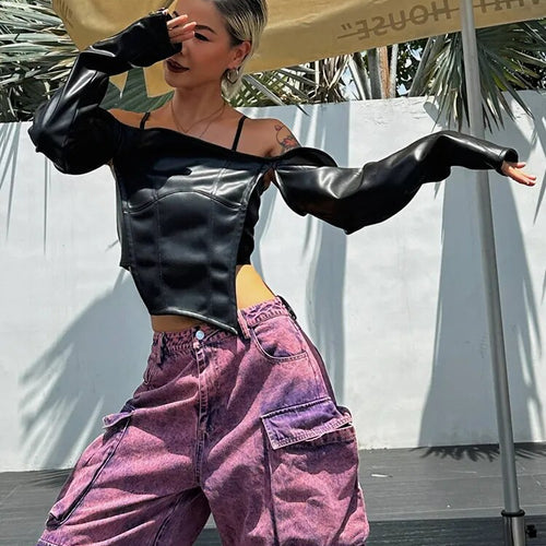 Load image into Gallery viewer, Patchwork Zipper Leather Tank Tops For Women Slash Neck Long Sleeve Off Shoulder Solid Streetwear Vest Female
