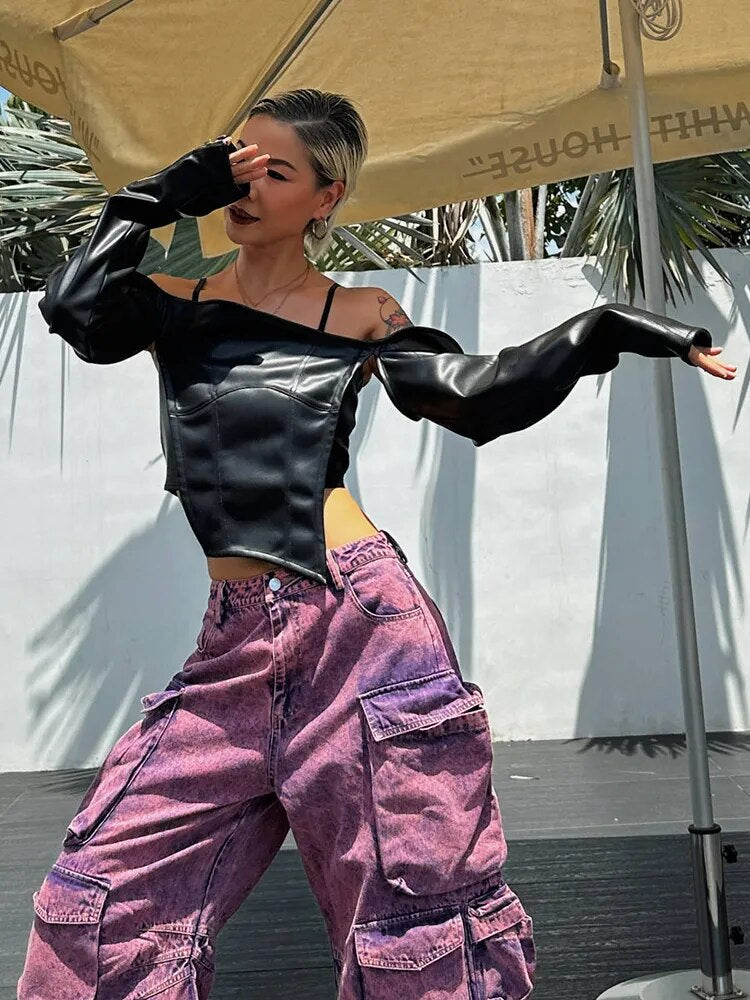 Patchwork Zipper Leather Tank Tops For Women Slash Neck Long Sleeve Off Shoulder Solid Streetwear Vest Female