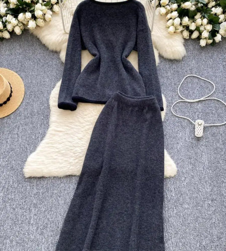 Korean Fashion Two-piece Set Women's Autumn Winter Gray Elegant Round Collar Knitted Top And High Waist Wrap Hip Long Skirt Suit