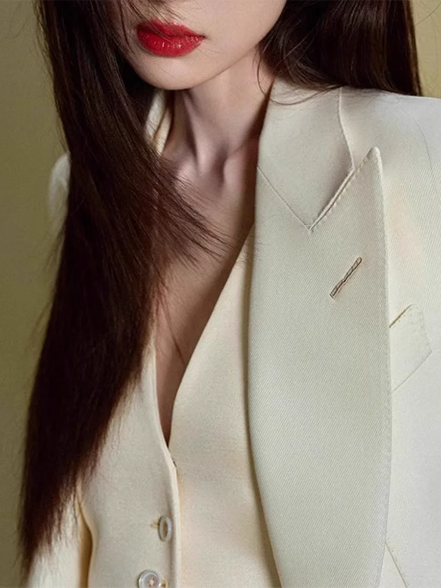 Solid Three Piece Set For Women Lapel Long Sleeve Coat V Neck Sleeveless Vest High Waist Shorts Chic Sets Female