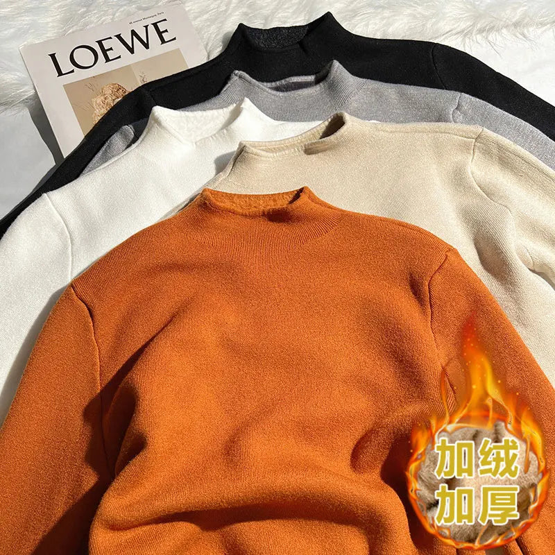 Solid Elegant Basic Knit Pullover Tops Women Half Turtlneck Velvet Sweater Long Sleeve Casual Slim Korean Fashion Autumn Winter