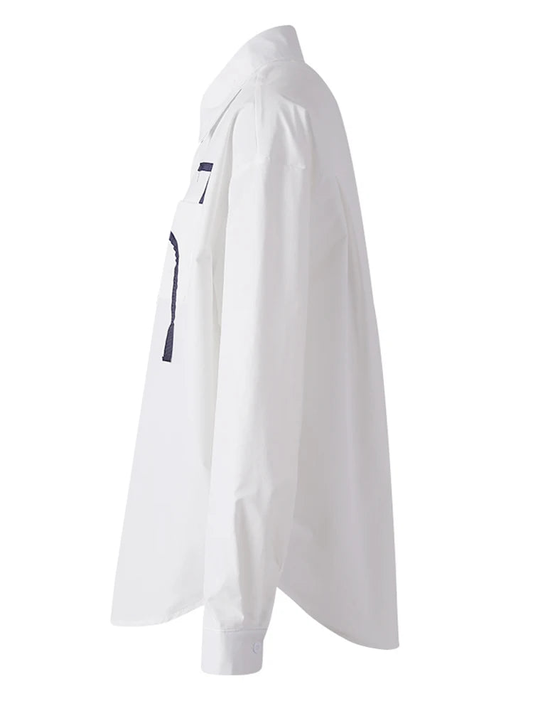 Women White Pattern Printed Big Size Elegant Blouse New Lapel Long Sleeve Shirt Fashion Tide Spring Autumn 2025 CPG3114