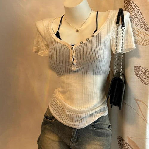 Load image into Gallery viewer, 2025 Summer Two Pieces Set Harajuku Solid Button Bodycon Casual T-shirt + Women Y2k Aesthetic Sexy Grunge Cropped Fairy Tank Top
