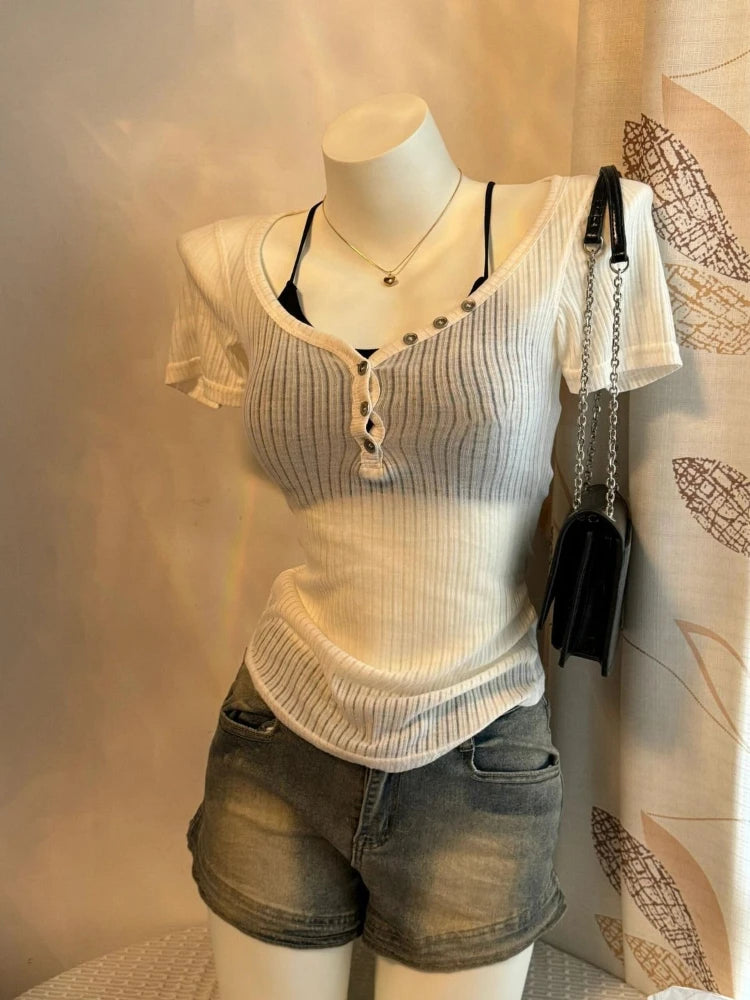 2025 Summer Two Pieces Set Harajuku Solid Button Bodycon Casual T-shirt + Women Y2k Aesthetic Sexy Grunge Cropped Fairy Tank Top