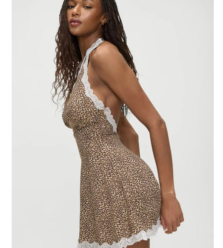 Sexy Spaghetti Strap Neck Hanging Leopard Print Backless Mini Dress Women Summer New 2025 Holiday Slim  Beach Vestido