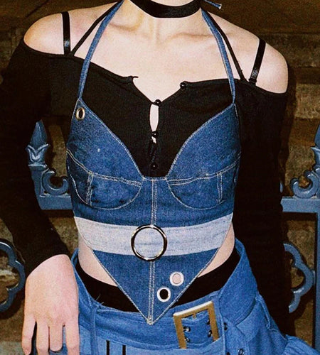Streetwear Ring Eyelet Halter Neck Denim Top Camisole Irregular Backless Sexy Crop Top Women Summer Party Outfits Y2K