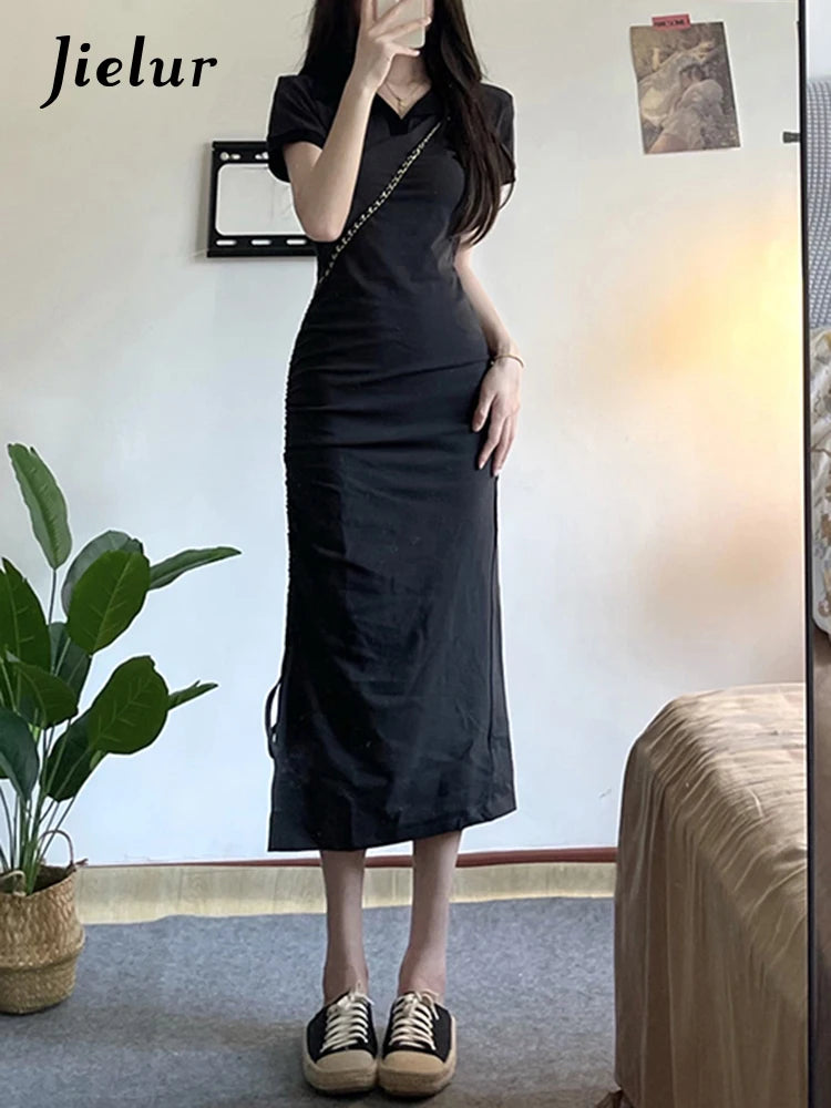 Summer Dark Grey Sexy Slim Waist Women’s Dresses French Style Polo Solid Color Casual Office Ladies Chic Fashion Dresses