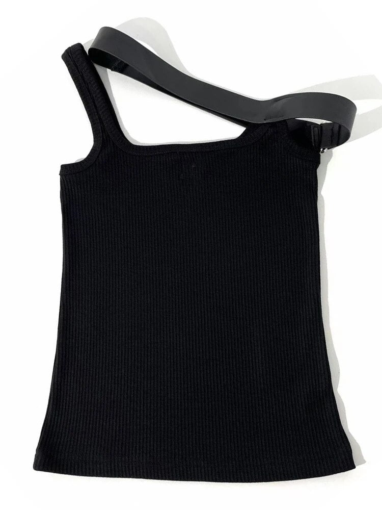 Minimalist Solid Tank Top For Women Square Collar Sleeveless Slimming Spliced Belt Vest Female Fashion Clothing