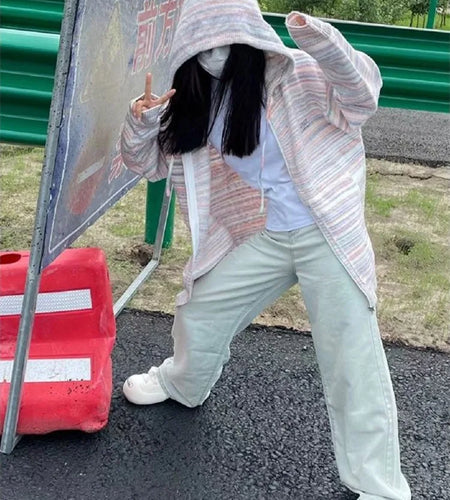 Japanese Y2k Rainbow Striped Kawaii Cardigans Women Autumn All Match Hooded Sweaters Loose Zipper Grunge Knitted Coat Pull Femme