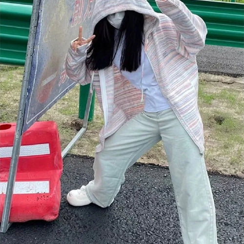 Load image into Gallery viewer, Japanese Y2k Rainbow Striped Kawaii Cardigans Women Autumn All Match Hooded Sweaters Loose Zipper Grunge Knitted Coat Pull Femme
