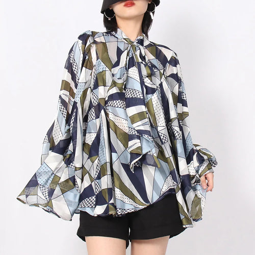 Load image into Gallery viewer, Straight Shirt For Women Bow Collar Long Sleeve Print Colorblock Loose Blouses Female Fashion Spring Clothing
