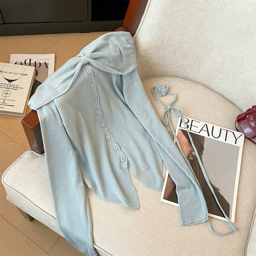 Load image into Gallery viewer, Spring Women&#39;s Purple Blue Off Shoulder Festival Irregular Cardigan Sweater Korean Fashion Beige Single Breasted Short Knit Tops
