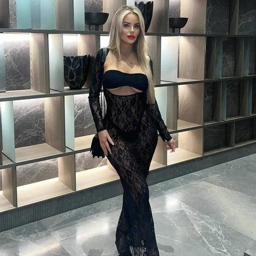 Load image into Gallery viewer, Sexy Lace Hollow Out Long Sleeved Tight Dress For Women Perspective Bodycon Female Vestidos Summer New Party Nightclub
