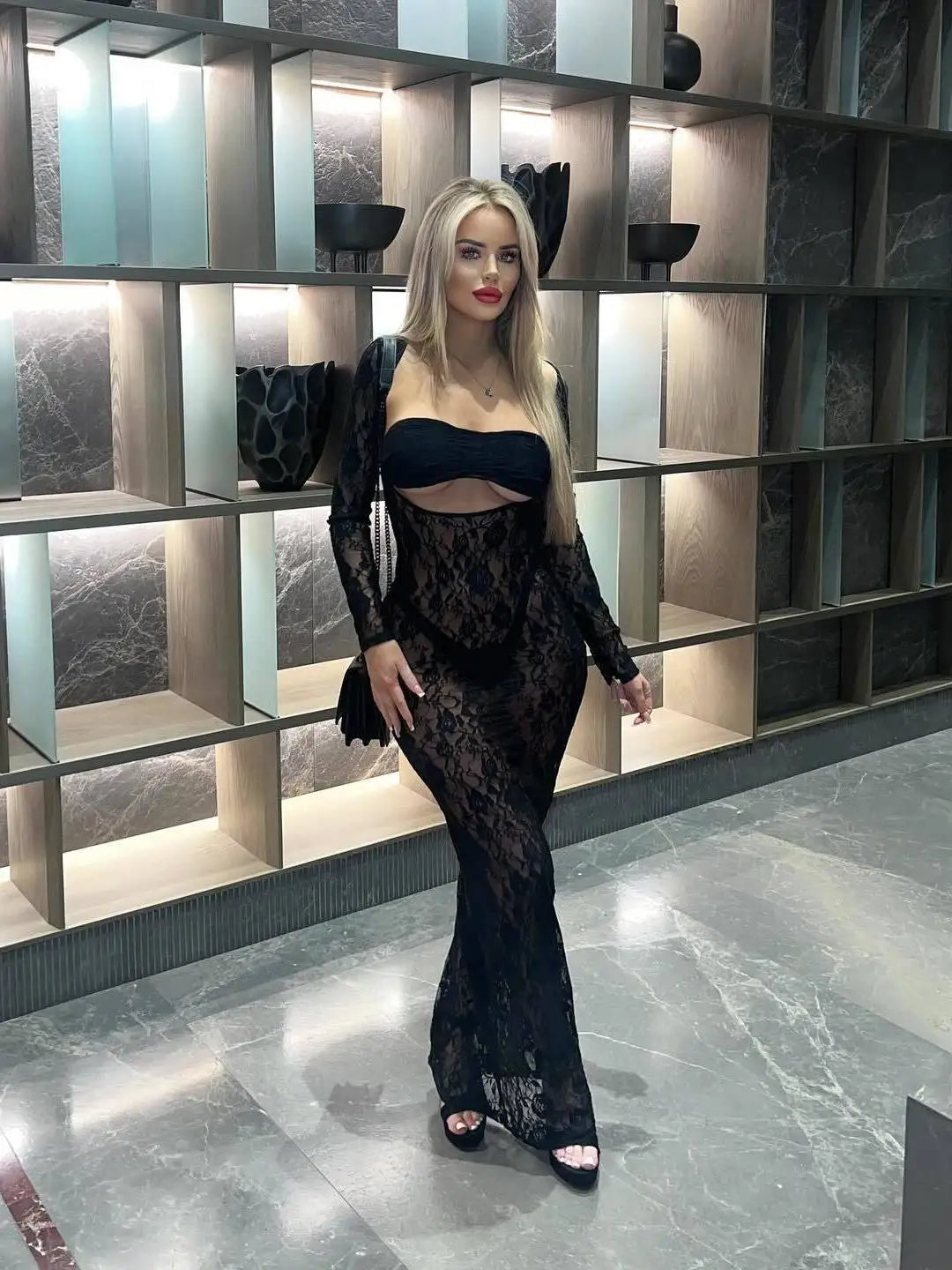 Sexy Lace Hollow Out Long Sleeved Tight Dress For Women Perspective Bodycon Female Vestidos Summer New Party Nightclub