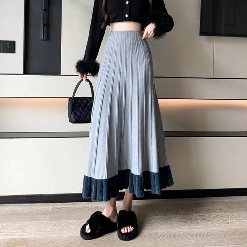 Load image into Gallery viewer, Korean Fashion Women Patchwork Ruffle Edge Knitted Long Skirts 2024 Autumn Winter Vintage High Waist Party A-line Pleated Skirt
