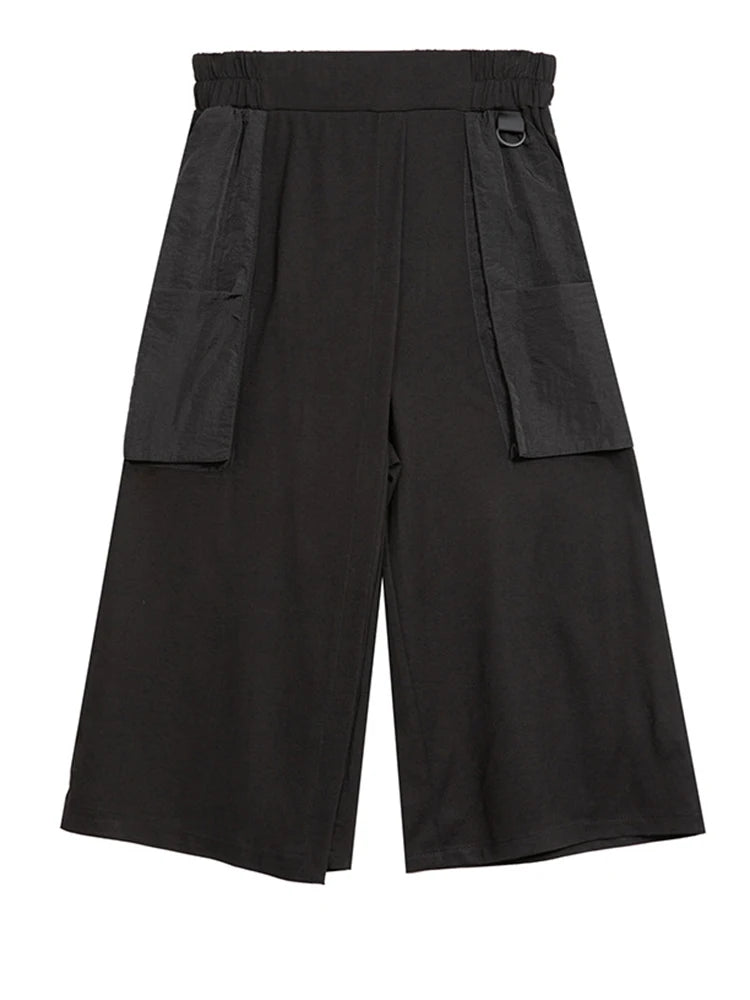 High Elastic Waist Black Spliced False Two Calf-Length Pants New Trousers Women Fashion Tide Spring Autumn 2025 1DJ0909