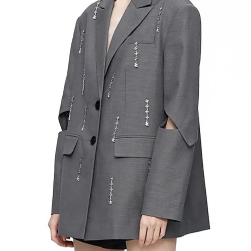 Load image into Gallery viewer, Hollow Out Patchwork Chain Chic Blazers For Women Notched Collar Long Sleeve Spliced Button Minimalist Coat Female Fashion
