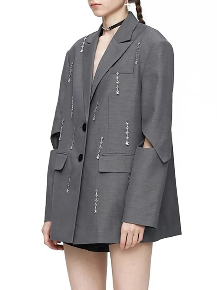 Hollow Out Patchwork Chain Chic Blazers For Women Notched Collar Long Sleeve Spliced Button Minimalist Coat Female Fashion