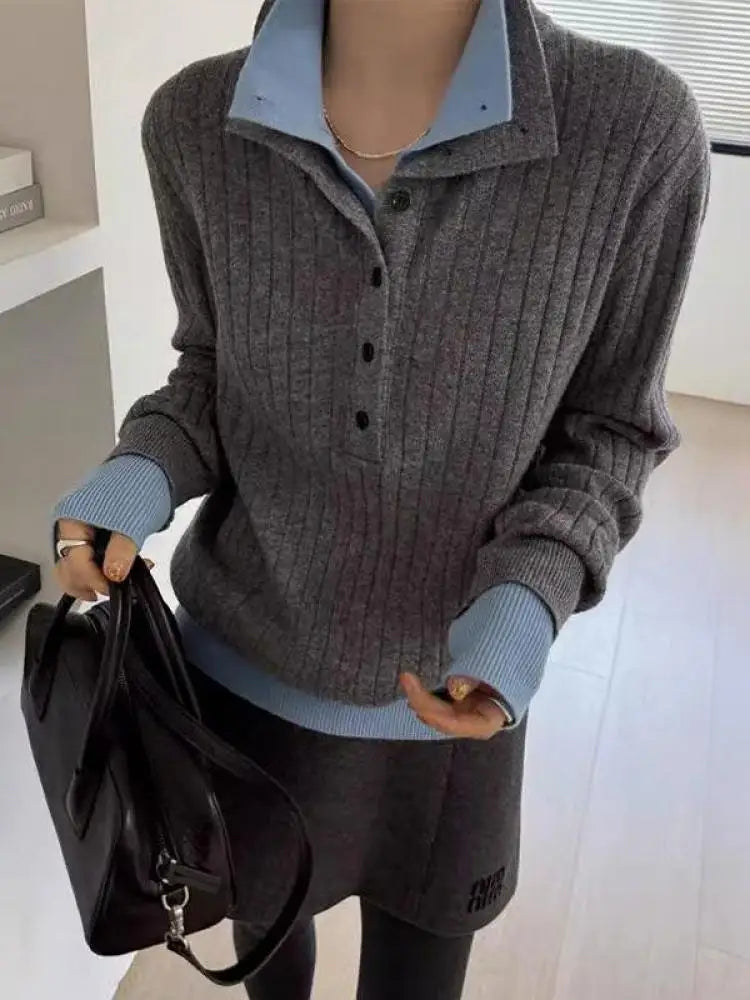 Autumn Winter Black Patchwork Long Sleeve Knit Pullovers Tops Vintage Women Grey Single Breasted Sweater Trend Streetwear Casual