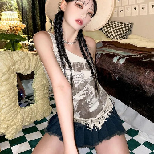 Load image into Gallery viewer, Grunge Print Tank Tops Vintage Irregular Patchwork Camisole Korean Fashion Tassel Design Tops 90s Punk Style Vest Chic
