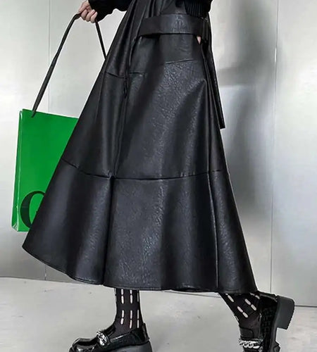 High Elastic Waist Black Pu Leather Zipper Long A-line Half-body Skirt Women Fashion Tide New Spring Autumn 2025 1DH4646