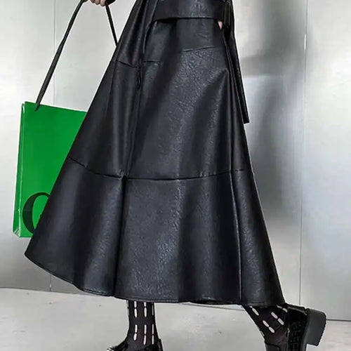 Load image into Gallery viewer, High Elastic Waist Black Pu Leather Zipper Long A-line Half-body Skirt Women Fashion Tide New Spring Autumn 2025 1DH4646
