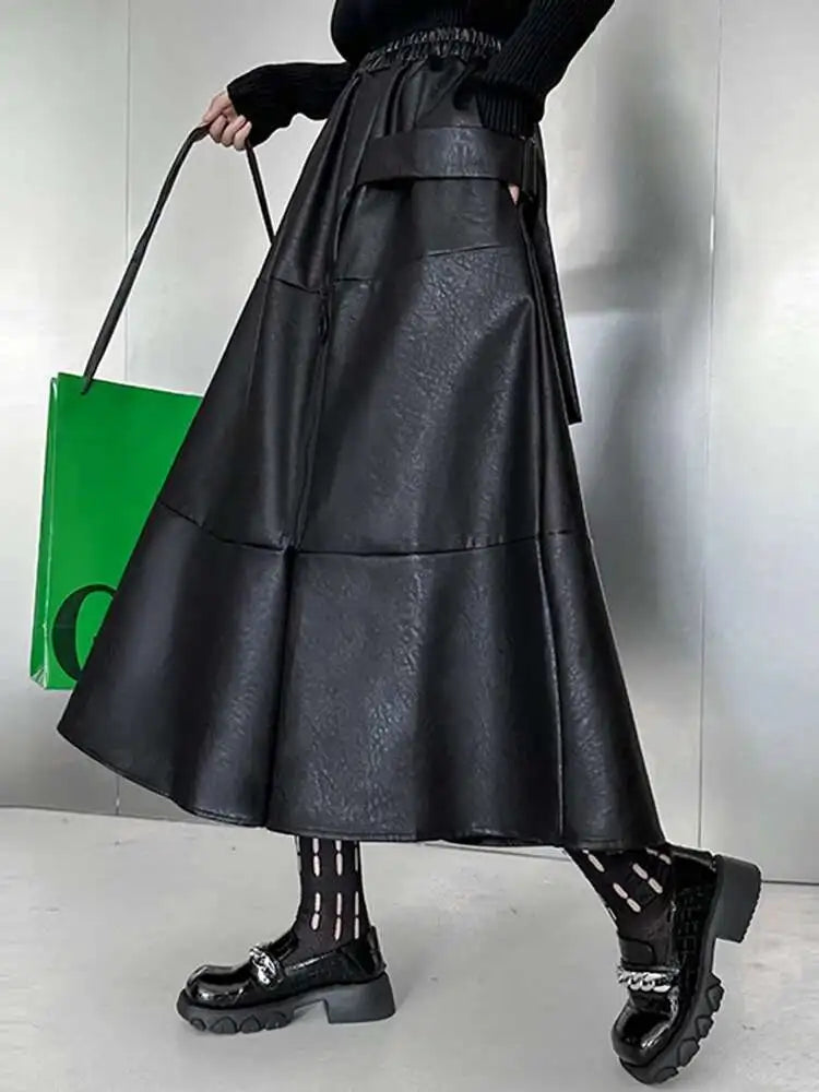 High Elastic Waist Black Pu Leather Zipper Long A-line Half-body Skirt Women Fashion Tide New Spring Autumn 2025 1DH4646