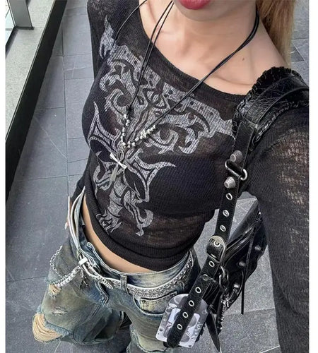 Ropa Mujer Vintage Print T Shirts Crop Tops Fashion Tees O-neck Long Sleeve Tunic Camisetas Y2k Tshirt Women's Clothing