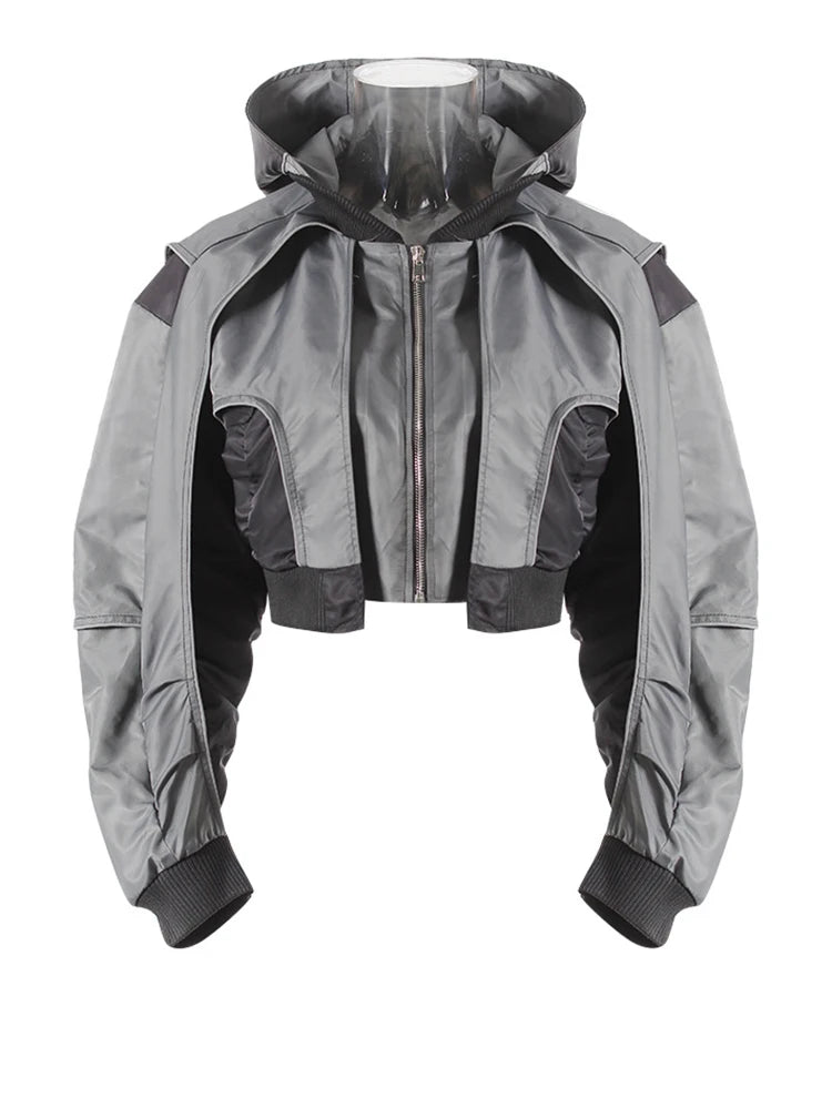 Gray Color-block Pleated Big Size Short Jacket New Hooded Long Sleeve Women Coat Fashion Tide Spring Autumn 2025  7AB4742