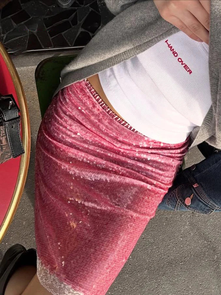 Sequin Summer Beach Sexy Skirt Women Elegant Sparkle High Waist A-line Skirts Female Pink Vacation Club Party Skirt