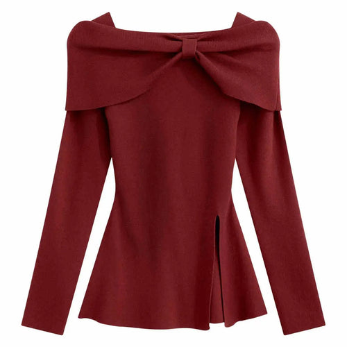 Load image into Gallery viewer, Autumn Winter Solid Slim Short Pullover Knitted Top Women Casual Long Sleeve Split Bow Sweater New Ladies Simplicity Streetwear
