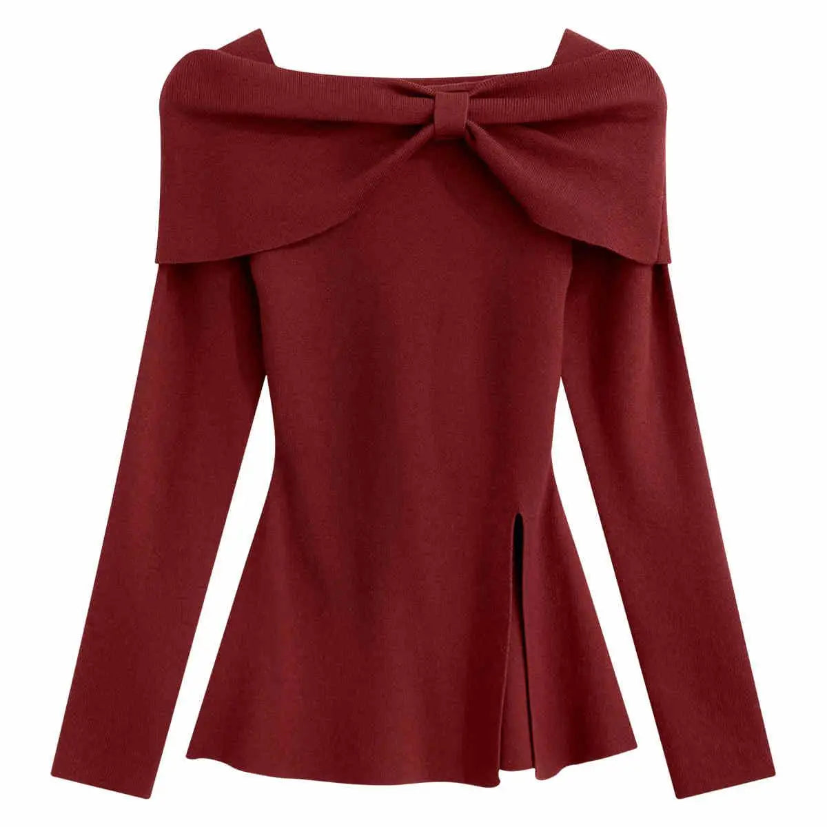 Autumn Winter Solid Slim Short Pullover Knitted Top Women Casual Long Sleeve Split Bow Sweater New Ladies Simplicity Streetwear