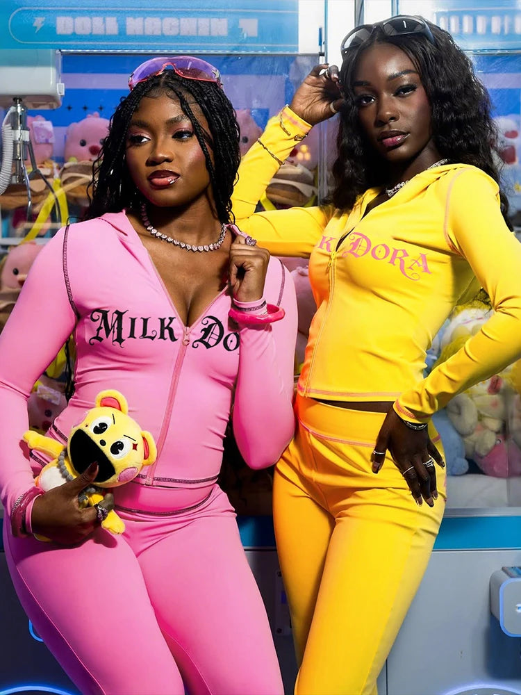 Casual Letter Print Women 2 Piece Set Tracksuit Sporty Full Sleeve Crop Jacket+Pants Matching Streetwear Skinny Outfits