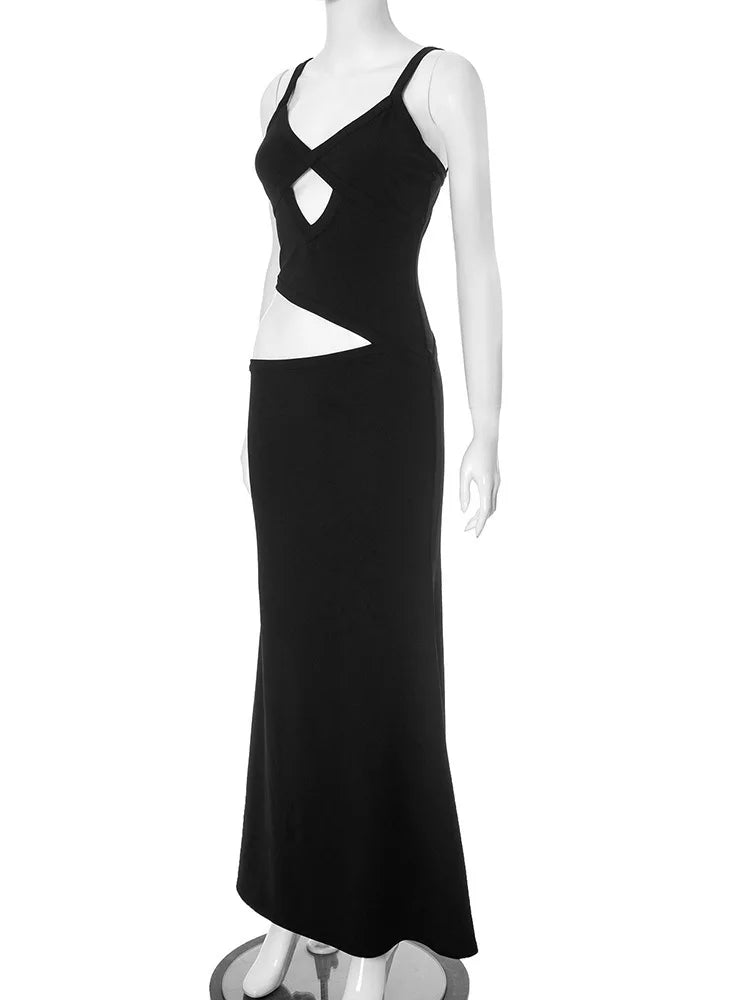 Hollow Out Backless Sexy Maxi Dress Women Gown Spaghetti Strap Sleeveless Irregular Slim Club Long Dress 2025 Summer