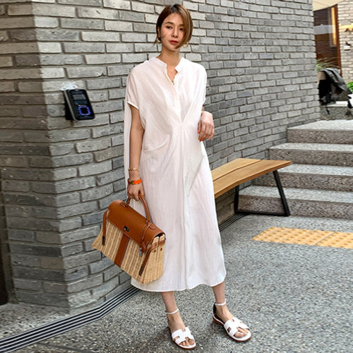 Load image into Gallery viewer, Fold Pleated Oversized Dress For Women Stand Collar Short Sleeve Loose Solid Midi Dresses Female Fashion Clothing
