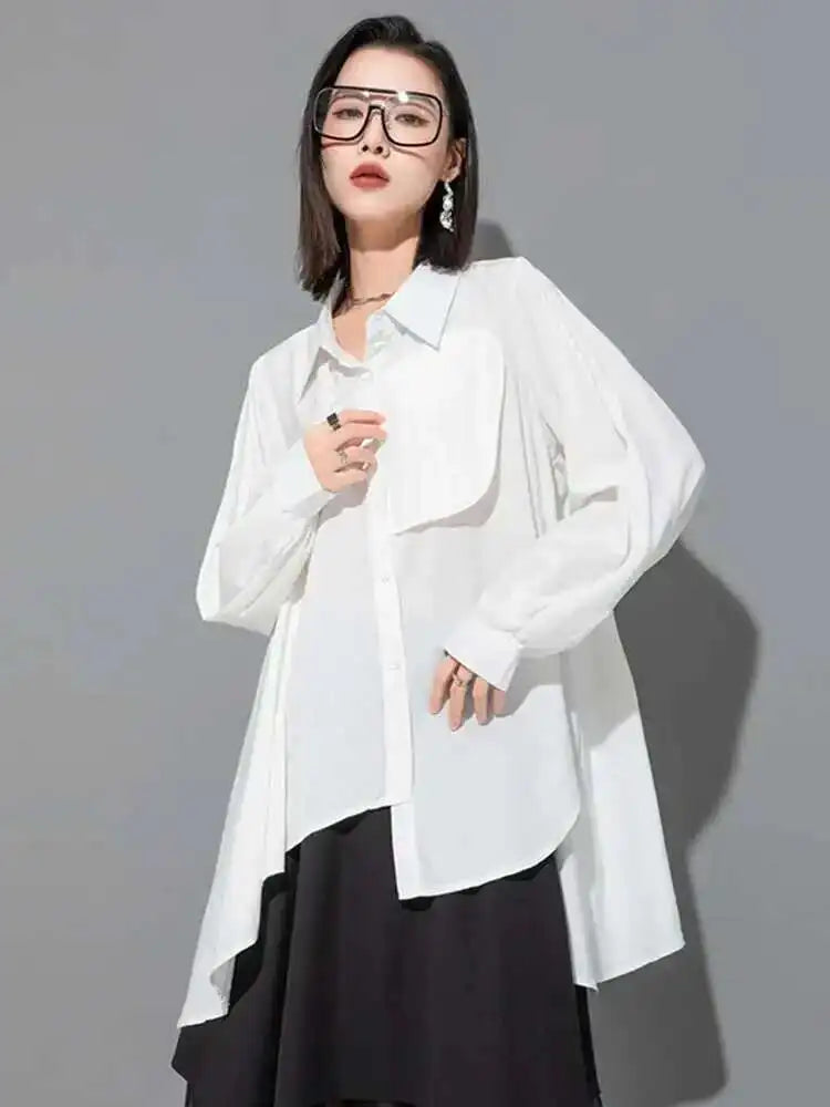 Women Black Irregular Pleated Big Size Blouse New Lapel Long Sleeve Loose Fit Shirt Fashion Spring Autumn 2025 1DF6525