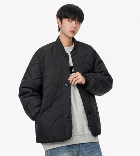 Korean Style Men's Padded Jackets Round Collar Plaid Winter New Trendy Caual Tops Solid Color Loose Male Coat Winter 9C8542