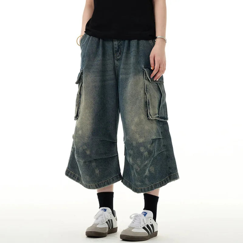 Men's Short Jeans American Summer Workwear Cowboy Shorts Wrinkle Design Cropped Trousers Loose Pants Streetwear 9W1475