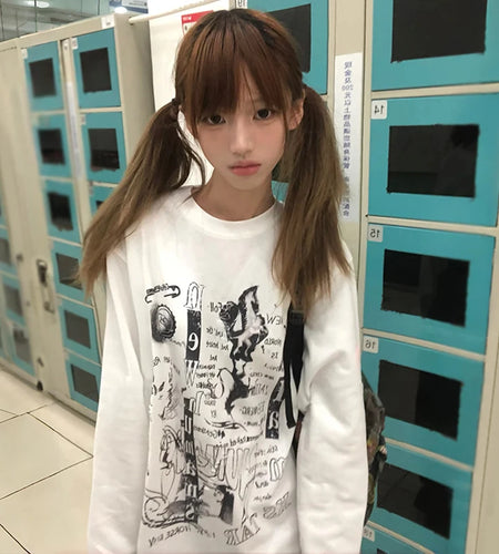 Japanese Y2k Letter Print T-shirt 2000s Style Long Sleeve White T Shirt Vintage Harajuku Oversized Tops American Retro