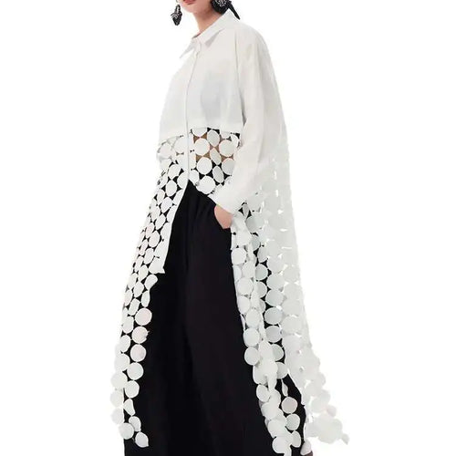 Load image into Gallery viewer, Women White Dot Tassels Hollow Out Midi Big Size Shirt Dress New Lapel Long Sleeve Fashion Tide Spring Autumn 2025 1DH9464
