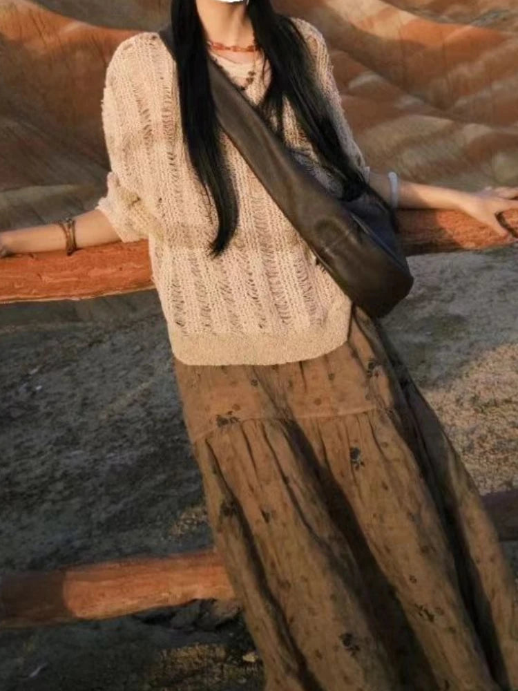 Autumn Streetwear Y2k Aesthetic Grunge Pullovers Vintage Solid Harajuku Grunge Jumpers Loose Knitted Women Hollow Out Sweaters