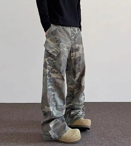 American Style Men's Cargo Bottom Camouflage Casual Wide Leg Streetwear Pants Straight Loose Flared Trousers Spring 9W1220