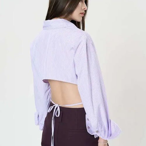 Load image into Gallery viewer, Women Purple Striped Backless Bandage Slim Blouse New Lapel Long Sleeve Shirt Fashion Tide Spring Autumn 2025 1DJ0065
