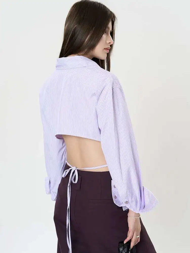 Women Purple Striped Backless Bandage Slim Blouse New Lapel Long Sleeve Shirt Fashion Tide Spring Autumn 2025 1DJ0065