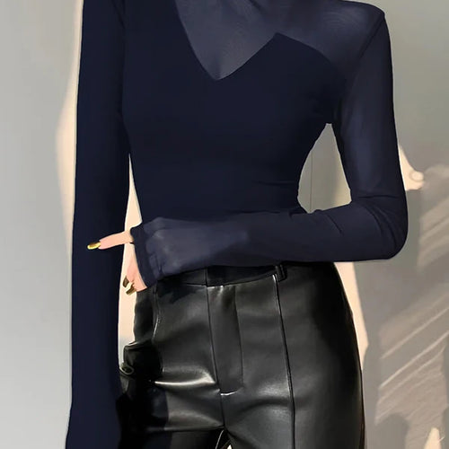 Load image into Gallery viewer, Spring Summer Clothes Mesh Sexy T-Shirts Tops for Women Long Sleeve Woman Asymmetric Skinny Tops Blouse
