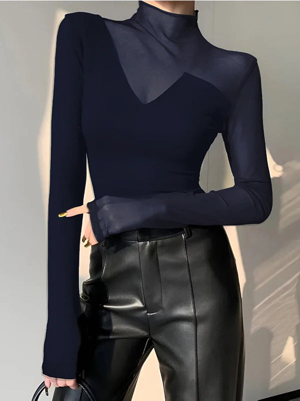 Spring Summer Clothes Mesh Sexy T-Shirts Tops for Women Long Sleeve Woman Asymmetric Skinny Tops Blouse