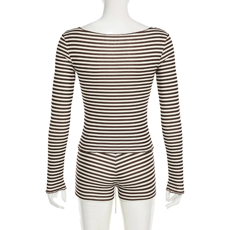 Casual Striped Women Two Pieces Set Long Sleeve Single Breasted T-shirt+Mini Short Homewear Suits Y2K Slim Tracksuits